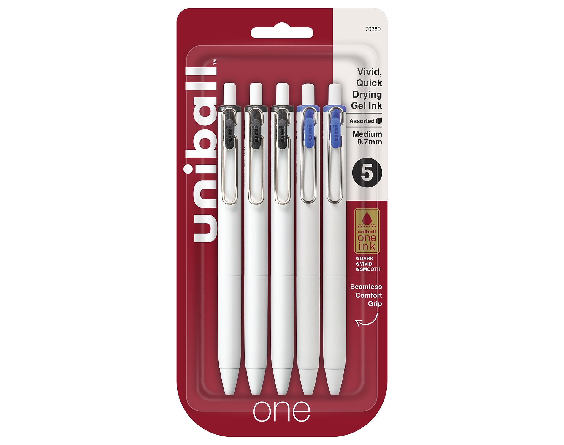 uni-ball uni one Retractable Gel Pens Medium Point 0.7mm Black/Blue Ink 5/Pack (70380)