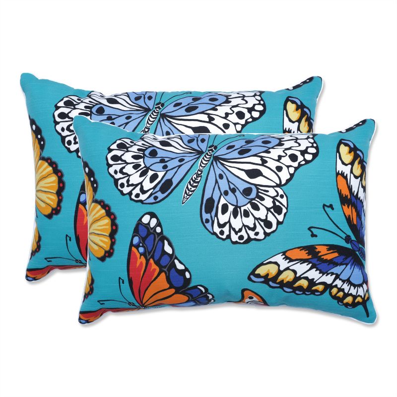 Butterfly Garden 2pc Outdoor/Indoor Throw Pillows Turquoise - Pillow Perfect, 1 of 6