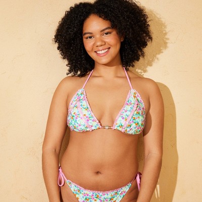 Wild Fable Women's Floral Print Double Ruffle Trim with Center Beads Triangle Bikini Top - Wild Fable™ Mint/Pink S — фото 4