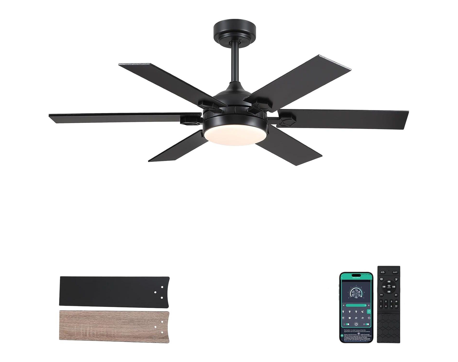 46 Inch Downrod Ceiling Fan with Light-Black