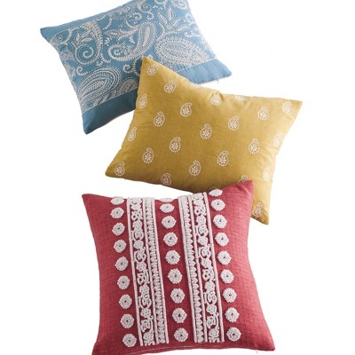 Blue and Cream Embroidered Paisley Rectangular Pillow