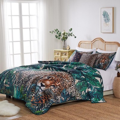 Jungle Cat King Sham with Green and Teal Leaves