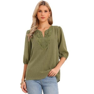 INSPIRE CHIC Women's Casual Chiffon Stripe 3/4 Puff Sleeve V Neck Embroidery Tunic Shirts - 1 of 4