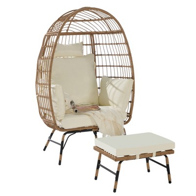Infurnic Patio Accent Chairs, Outdoor Wicker Egg Chair with Soft Cushions and Footstool for Patio Backyard Living Room, Beige, 36.22"*27.2"*57.1"