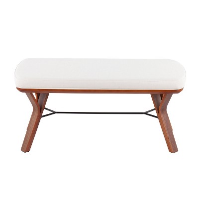 Mid-Century Modern White Wood Bench with Cushioned Seat