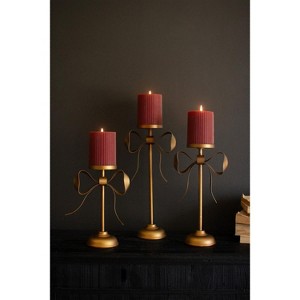 Brass Candle Holders – 13" Tall Pillar Stands with Bows Set of 3 by Kalalou - 1 of 4