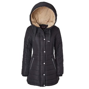 Sportoli Women Long Quilted Plush Lined Outerwear Puffer Jacket Winter Coat with Fur Hood - 1 of 4