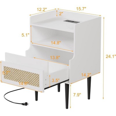 Rattan Nightstand Set of 2, Side Table with Charging Station, Drawer and 2 Open Storage Shelves for Bedroom, Dorm and Small Spaces, White