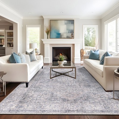 Blue Synthetic Flat Woven Medallion 10' x 14' Washable Rug