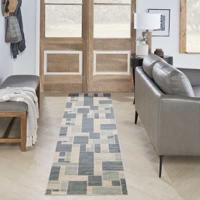Astra Blue Ivory Geometric Synthetic Runner Rug 2'2" x 10'