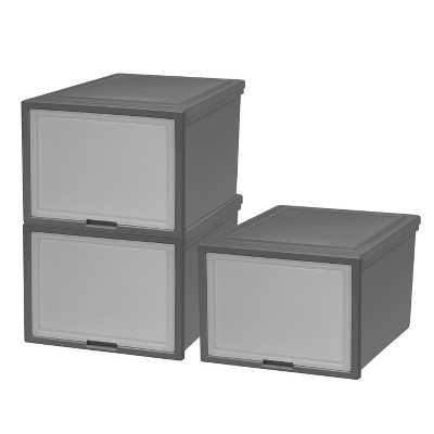 Gray Stackable Plastic Storage Chest with Flip-Up Doors, 3 Pack