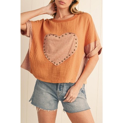 I AM A FASHION JUNKY Desert Gold Stud Heart Patch Textured Dolman Top