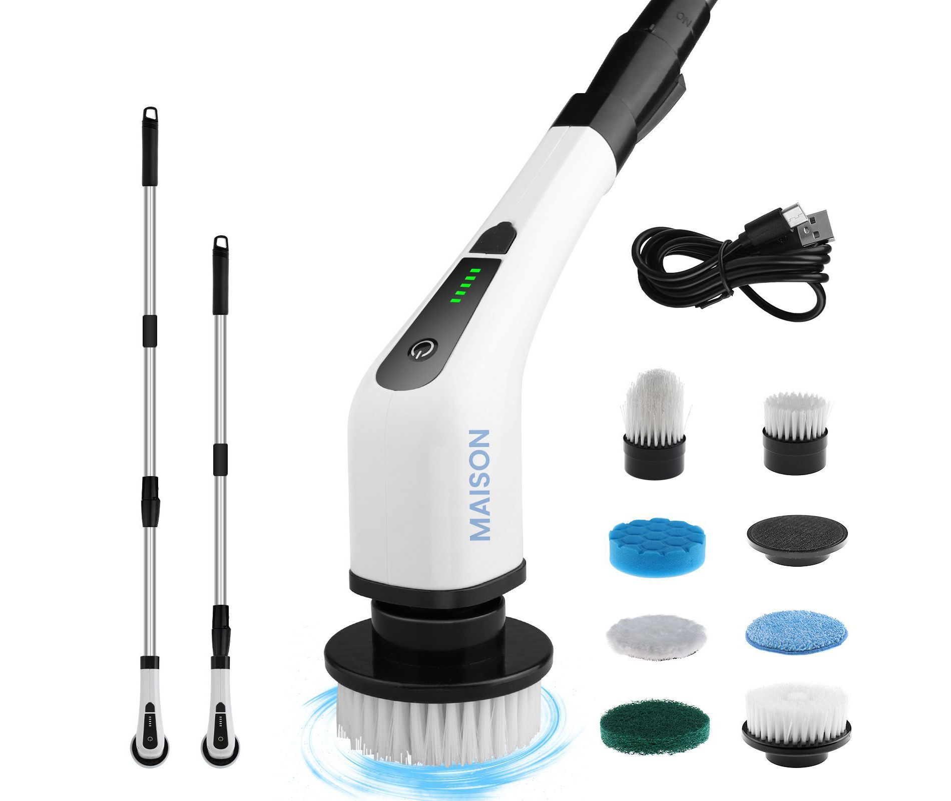 Maison Electric Spin Scrubber W/8 Alternative Heads Adjustable Speed & Handle Rechargeable Great For Bathrooms Showers Floors Kitchen Tiles Car & more
