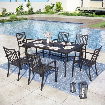 Captiva Designs 7pc Patio Dining Set with Geometric Pattern Rectangle Table & Metal Arm Chairs