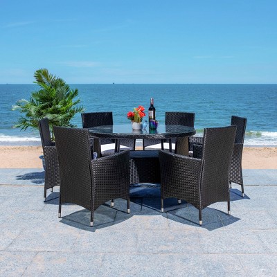 Black Woven Wicker 6-Person Outdoor Dining Set with Glass Table