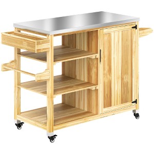Outdoor Grill Cart with Stainless Steel Top, Solid Wood Outdoor Kitchen Island with Wheels - 1 of 4