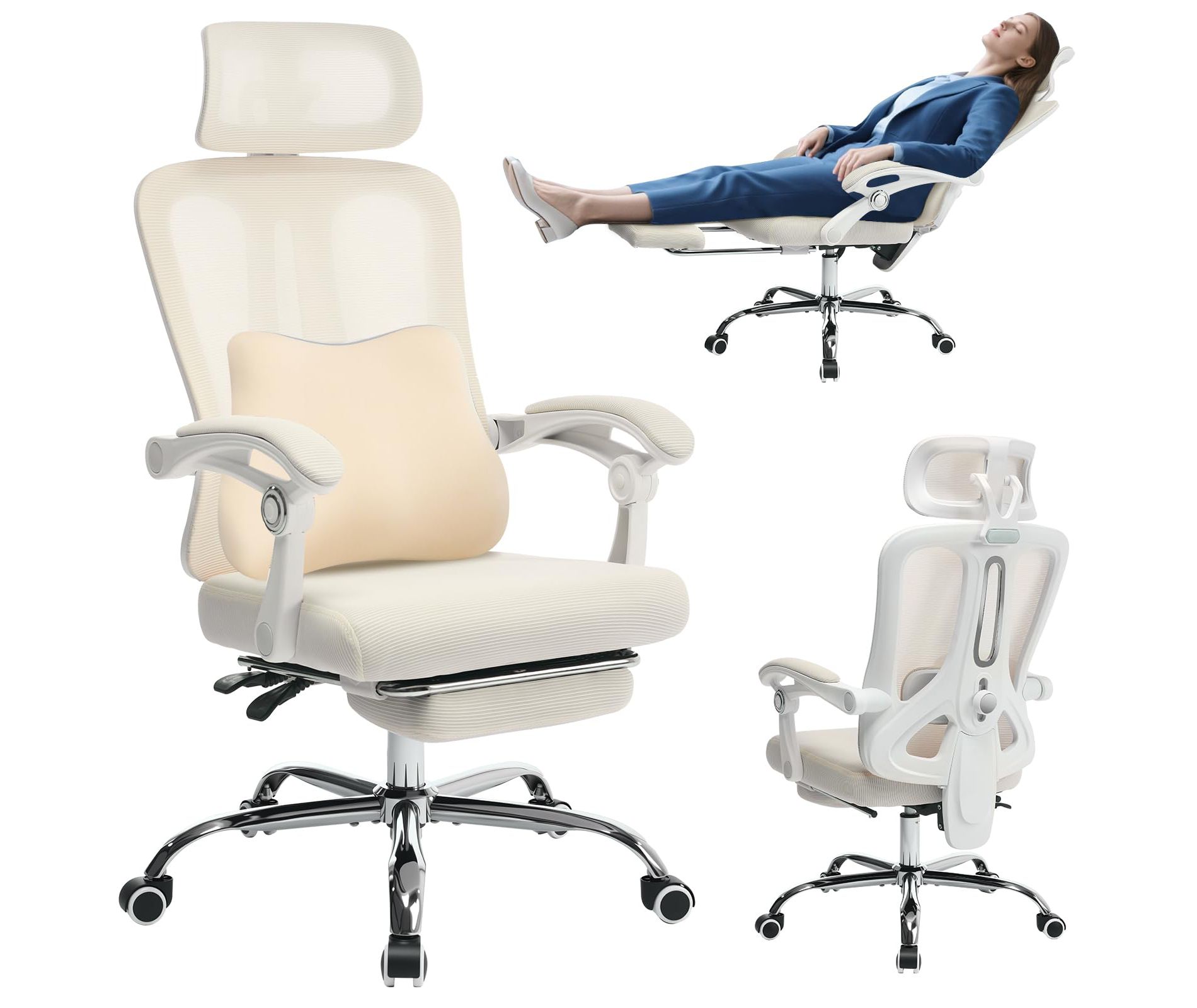 Mesh Ergonomic Office Chair with Footrest, Home Office Computer Desk Chair with Adjustable Headrest and Backrest