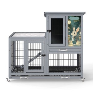 SEVOBAL 39" Rabbit Cage Gray Indoor Outdoor Bunny Hutch on Wheels 2 Story Wooden Bunny Cage for Animals with 2 Removable Trays Animal Enclosure - 1 of 4