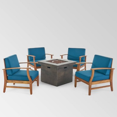 Kourtney 5pc Acacia Wood Club Chairs & Fire Pit - Teak/Blue/Brown - Christopher Knight Home