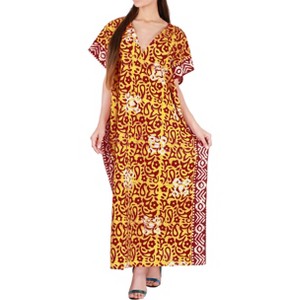 LA LEELA Women's Summer Batik Caftan Long Loungewear Dashiki House Dress V Neck Kaftan Sleepwear for Women Nightgown Plus size 3X-4X Yellow, Floral - 1 of 4