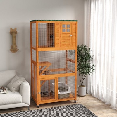 LOVMOR 74" Wooden Outdoor Cat House Weatherproof & Wheeled