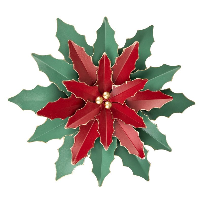 Northlight 16.25" Large Red and Green Metal Poinsettia Christmas Wall Hanging, 1 of 6