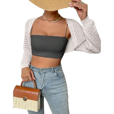 Womens Bolero Cropped Crochet Shrug Sweater Knit Cardigans with Lantern Sleeve Drop Shoulder Knit Bolero Sweater