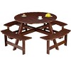 Wood Picnic Table, DIY with 3 Built-in Benches, Umbrella Hole, Outside Table and Bench Set, Outdoor Round Picnic Tables - 2 of 4