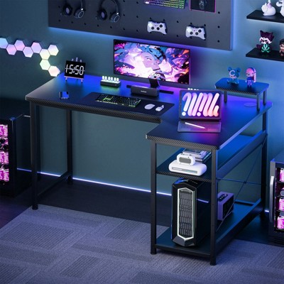 GTRACING 47" L Shaped Gaming Desk with a Mini-Table, Carbon Fiber Style Computer Desk