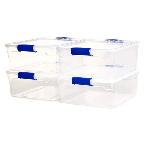Homz Heavy Duty Modular Stackable Storage Tote Containers with Latching  Lids, 66 Quart Capacity for Home, Garage, or Office Organization, Clear 4  Pack