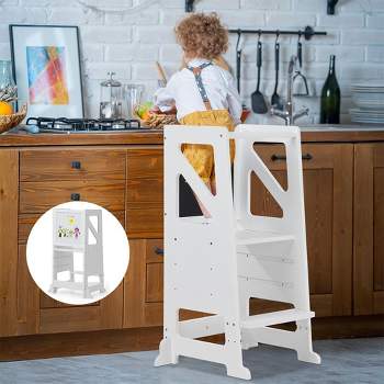 White Wooden Toddler Step Stool with Chalkboard & Whiteboard, for Bathroom Kitchen Counter
