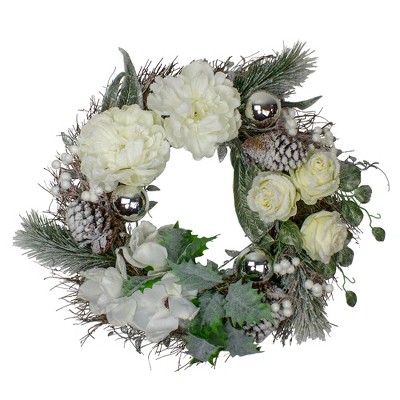 Northlight White and Silver Floral Flocked Pine Artificial Grapevine Christmas Wreath - 24-Inch, Unlit