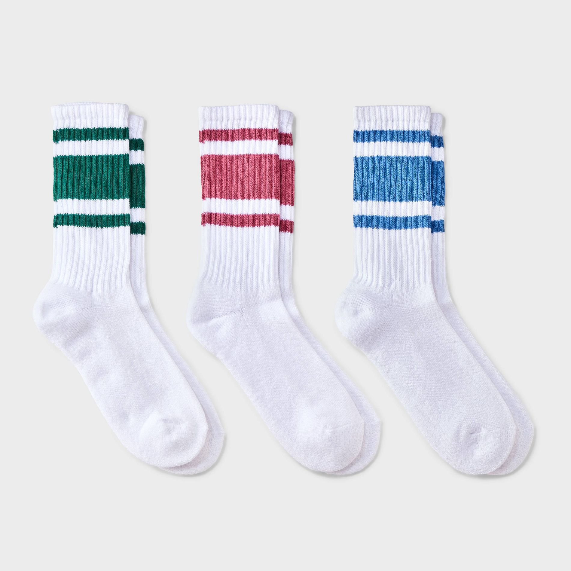 Women's Varsity Stripe Ribbed Cushioned 3pk Crew Socks - Auden™ White/Pink/Blue 4-10