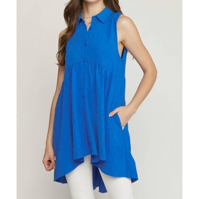 Women's Collared Sleeveless Tiered Tunic Top - entro