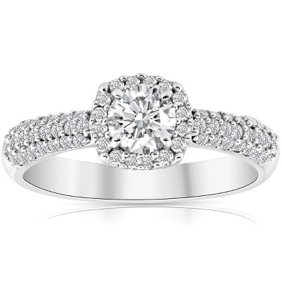 Pompeii3 1ct Cushion Halo Round Diamond Pave Engagement Ring 10k White Gold
