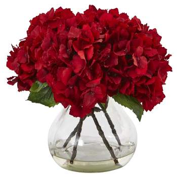 Nearly Natural 8.5-in Red Hydrangea Silk Flower Arrangement with Glass Vase