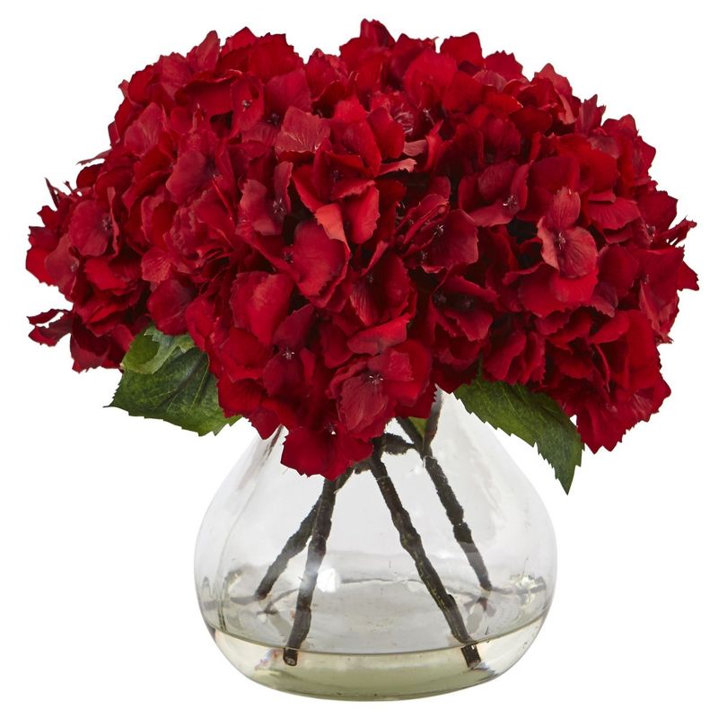 Nearly Natural 8.5-in Red Hydrangea Silk Flower Arrangement with Glass Vase, 1 of 2