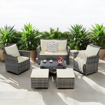 Mshliw 6-Piece Wicker Patio Furniture Set with Ottoman & Tempered Glass Coffee Table – Rattan & Cushions for Outdoor Garden, Patio, or Balcony