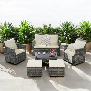 Mshliw 6-Piece Wicker Patio Furniture Set with Ottoman & Tempered Glass Coffee Table – Rattan & Cushions for Outdoor Garden, Patio, or Balcony - 1 of 4