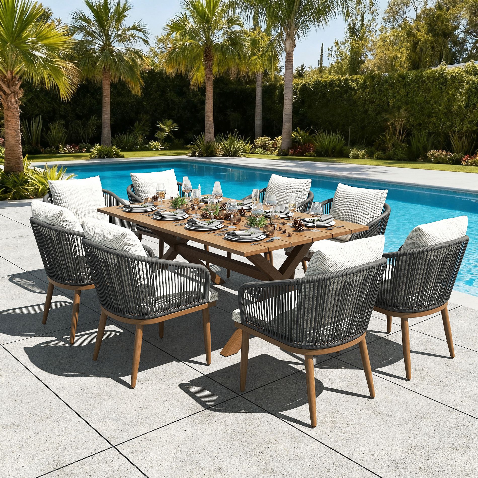 LayinSun 9 Pieces Outdoor Patio Dining Set with Aluminium Rectangular Dining Table and Wicker Rattan Chairs Set