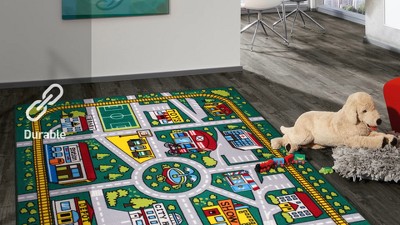 Green Synthetic Kids Educational City Life Road Area Rug 5' x 7'