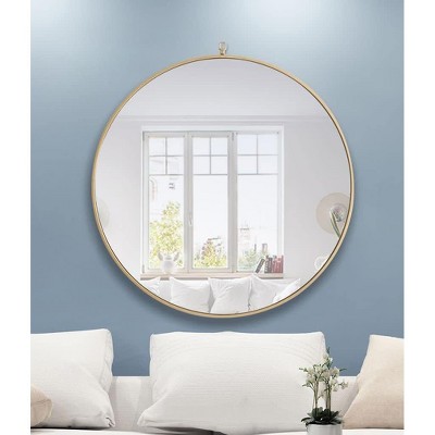 Contemporary Black Round Wood and Metal Wall Mirror, 42 Inch