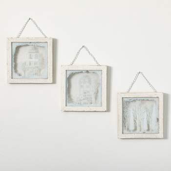 Framed Triptych Winter Village White 10"H Glass Set of 3