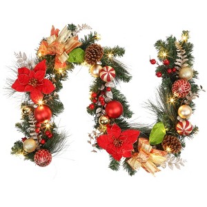 6 Ft Pre-Lit Christmas Garland with Poinsettias & Ball Ornaments, Prelit Xmas Decor for Mantle Fireplace Stair Railing Holiday Decor - 1 of 4