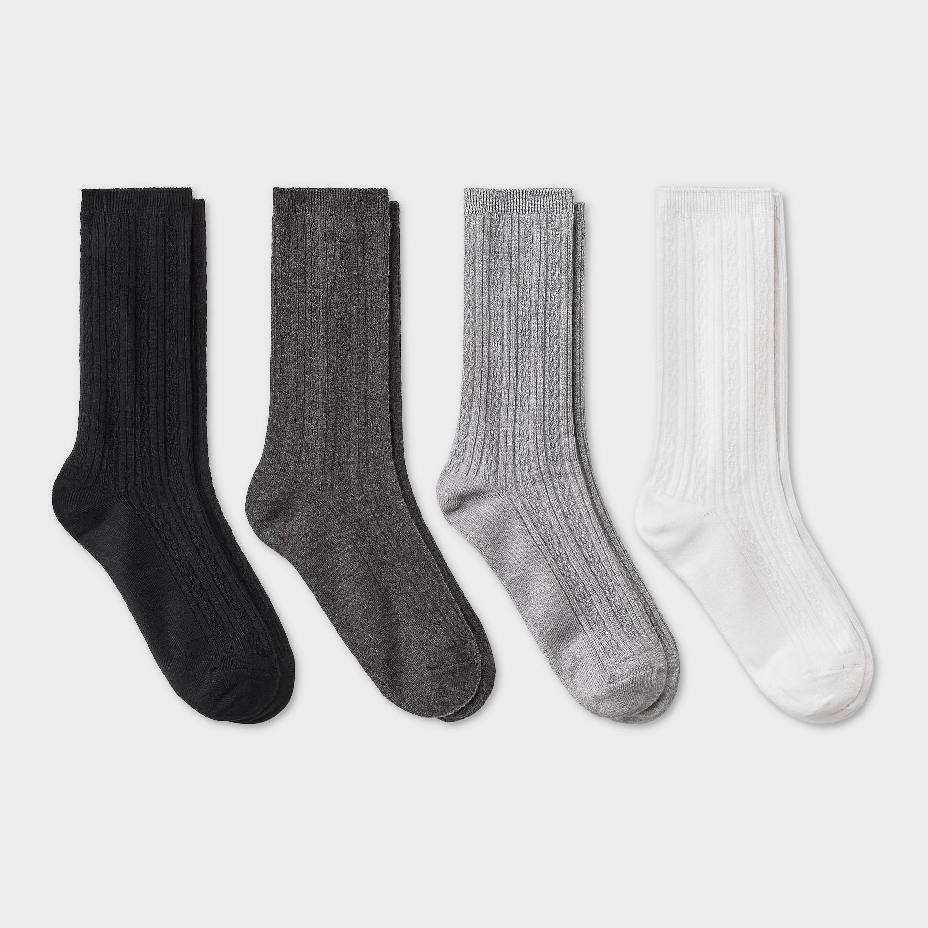 Women's Ultra Soft Everyday Cable 4pk Crew Socks - Auden™ Black/Heather Gray/White 4-10: Midweight Knit Rib Cuffs