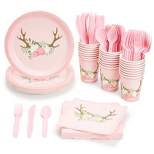 Blue Panda 144 Piece Oh Deer Party Decorations for Girl Baby Shower, Woodland Theme Plates, Napkins, Cups, Cutlery, Serves 24