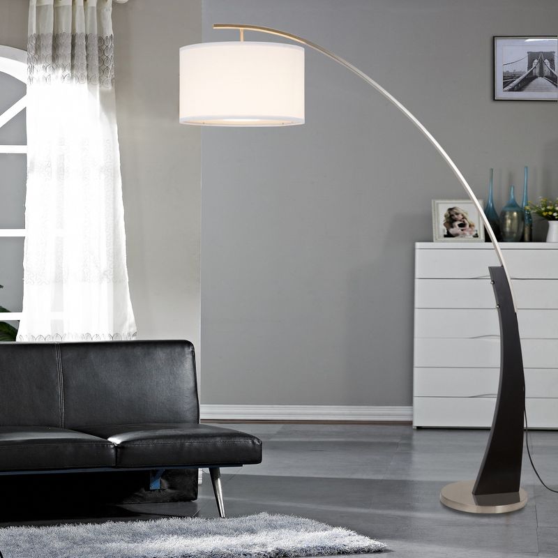 FC Design 71.5" Tall Drum Shade Arched Floor Lamp with Unique Black Wood Pole and Metal Base, 2 of 11