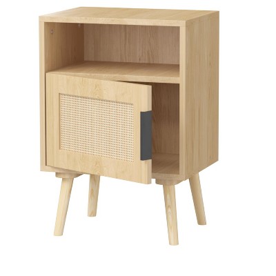 TIRAMISUBEST Oak Rattan Nightstand - 22.83" Bedside Table with Door & Open Shelf for Bedroom/Dorm