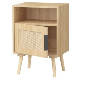TIRAMISUBEST Oak Rattan Nightstand - 22.83" Bedside Table with Door & Open Shelf for Bedroom/Dorm - 1 of 4