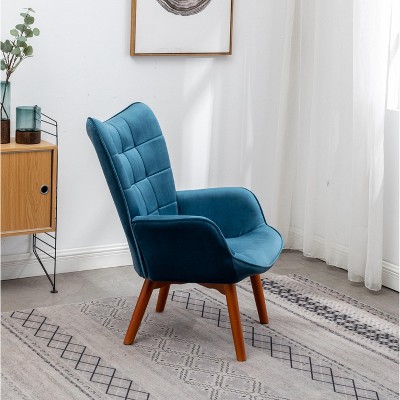 Mid-Century Silky Blue Velvet Accent Chair and Ottoman Set